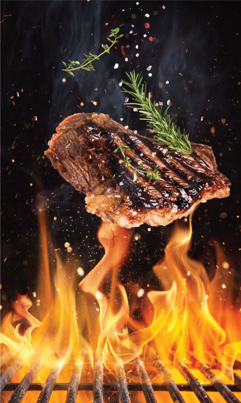 Steak flying on fire