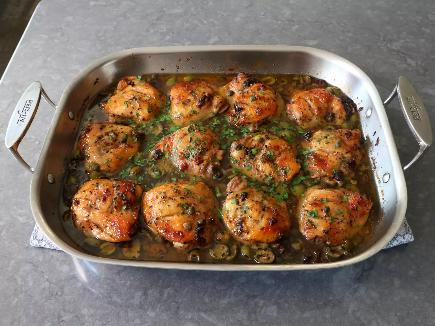 A very delicious Chicken Marbella dish on table.